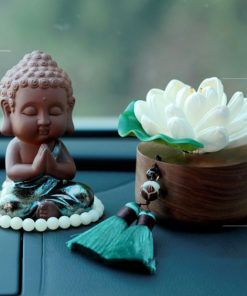 Bộ tượng Phật bên hoa sen để trên ô tô