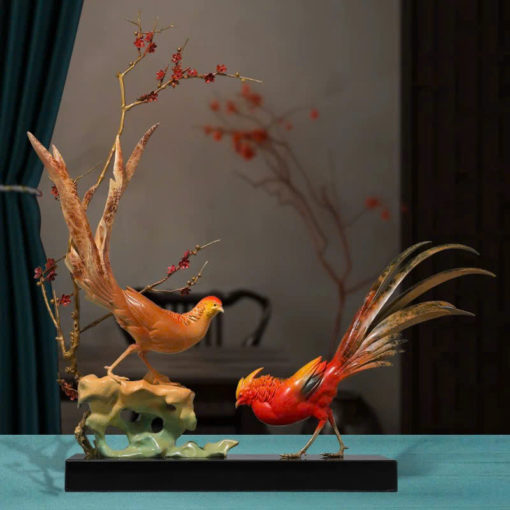 Tượng Chim Trĩ Song Phúc Bên Cành Mai